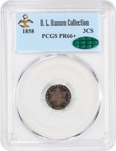 1858 3cS PCGS/CAC Proof 66+ ex: D.L. Hansen - $20,879.25