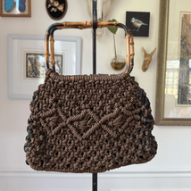 Vintage 70s Macrame Bamboo Handled Satchel Hand Bag Purse Brown - $28.80