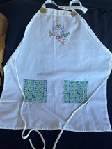 Handmade White Cotton w Embroidered OWL Full Length Apron w Blue Pockets – 30 in - £11.97 GBP