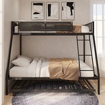 Twin over Full Metal Bunk Bed with Trundle (Wood Slat and Textilene Guardrail) - £229.12 GBP