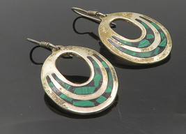 MEXICO 925 Sterling Silver - Vintage Malachite Mosaic Dangle Earrings - EG5333 - £50.97 GBP