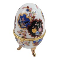 Decorative Floral Porcelain Egg Trinket Box Hinged Lid Gold Trim Vintage - £18.51 GBP