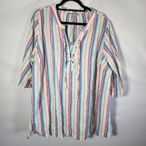 Catherines Women Top Blouse Sz 2X Pastel Striped Linen Blend Beach Coastal - $26.88
