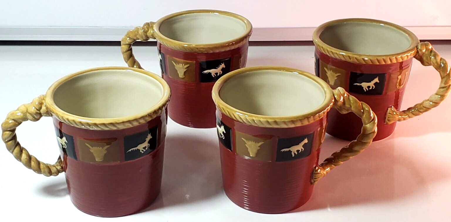 Primary image for 4 Sonoma Happy Trails Mugs Red western lasso handle & trim horse & horns