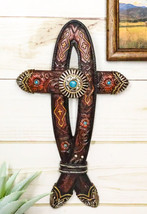 Rustic Western Turquoise Gem Concho Tooled Leather Belt Ichthys Fish Wall Cross - £19.97 GBP