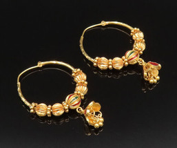 22K GOLD - Vintage Enamel Ribbed Spheres Floral Hoop Dangle Earrings - GE199 - £1,356.48 GBP