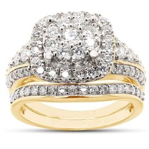 1.25CT Moissanite Double Halo Bridal Set Wedding Ring Yellow Gold Plated Silver - £97.77 GBP