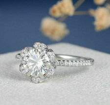 Floral Engagement Ring 2.20Ct Round Simulated Diamond 14k White Gold in Size 5.5 - £209.44 GBP