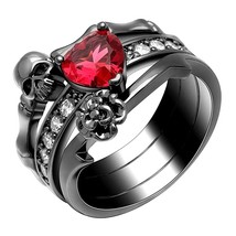 Gothic Skull Engagement Ring For Women Red Heart Sapphire Rose Flower Skull Ring - £109.43 GBP