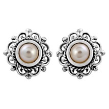 Vintage and Chic Round Cream Pearl and Filigree Sterling Silver Stud Earrings - £15.28 GBP