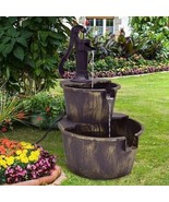 Outdoor 2-Tier Rustic Barrel Water Fountain with Submersible Pump - $268.08 CAD