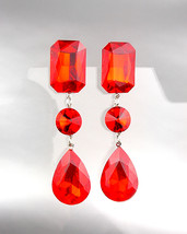 GLITZY Crimson Red Czech Crystals LONG Bridal Pageant Prom Queen Earrings - £24.04 GBP