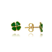 14K Solid Yellow Gold Small Green Enamel Lucky Four Leaf Clover Stud Earrings - £104.72 GBP