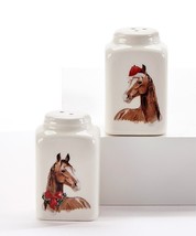 Santa Hat Horse Salt Pepper Shaker Set Ceramic 2.8" High Festive Wreath Red Bow