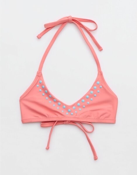 Aerie Swim Halter Voop Bikini Top X-SMALL Spicy Coral W Blue Raised Dots - $24.99