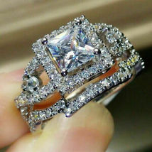 2.10 Ct Princess Cut Moissanite Halo Gift Bridal Ring Set 14k White Gold Plated - £74.15 GBP