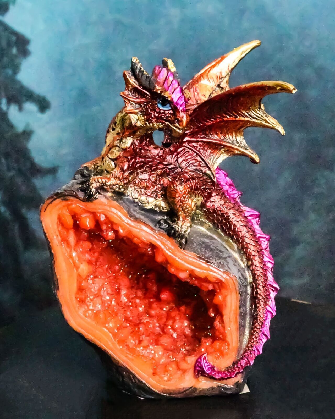 Metallic Red Iridescent Wyrmling Dragon On Faux Geode Crystal Rock Figur... - $17.99