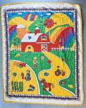 Vtg Baby Crib Quilt Blanket Rainbow Farm Animal Barn Hand Quilted - Brig... - $17.88