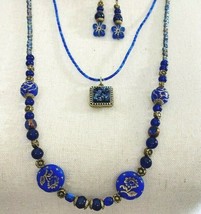 Cobalt Blue Czech Glass Floral 2 Strand Bronze Tone Necklace Earrings Set  - £31.96 GBP
