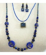 Cobalt Blue Czech Glass Floral 2 Strand Bronze Tone Necklace Earrings Set  - $39.99