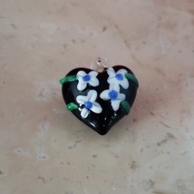 Handmade - Glass Black Heart Pendant White Flowers - New - £10.38 GBP