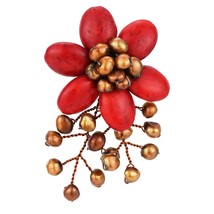 Nature Loving Polished Synthetic Red Coral and Pearl Floral Brooch Pin - £13.17 GBP