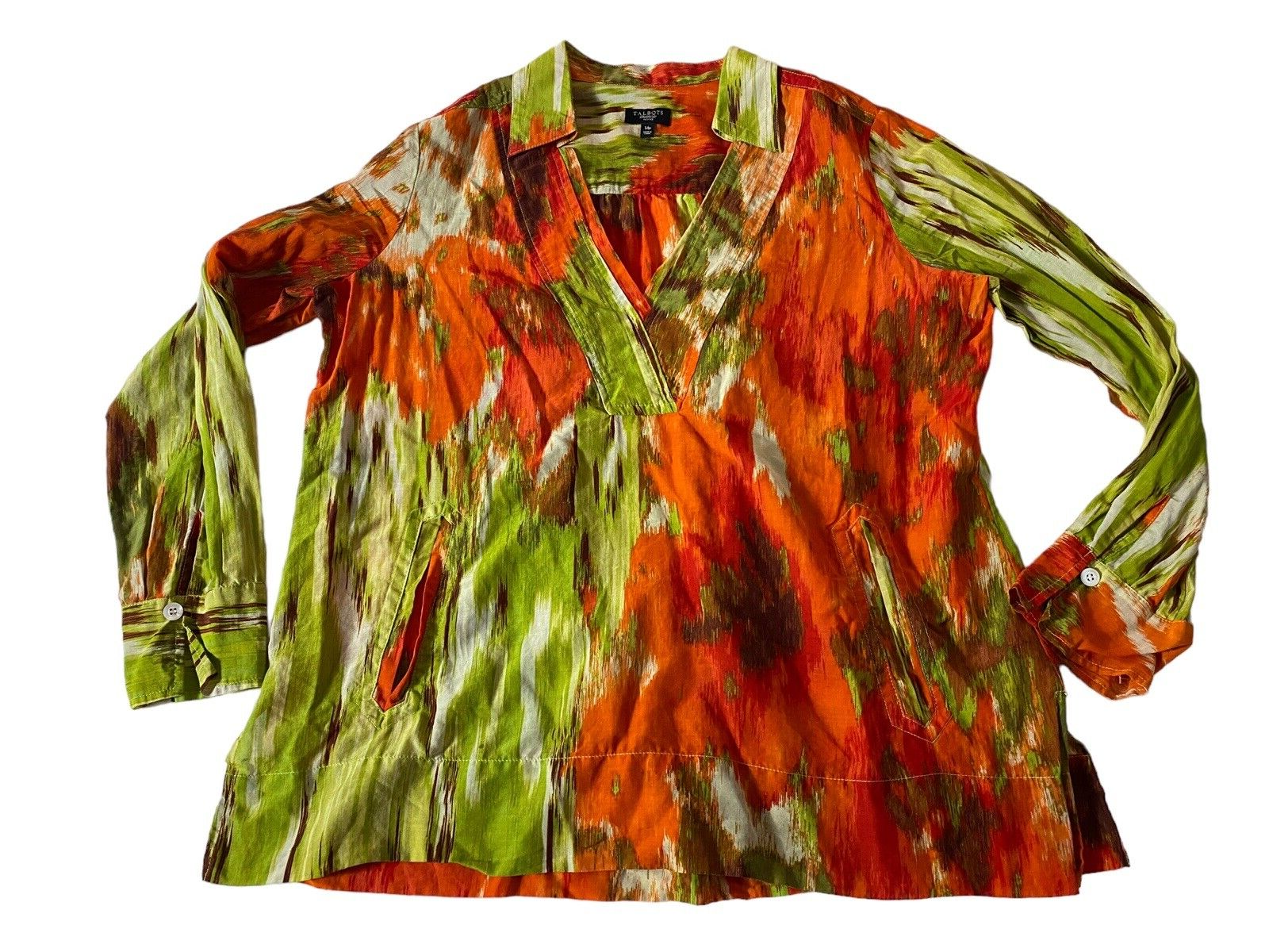 Talbots Top Size 14P Shirt Cotton Silk Green Orange Artsy Art to Wear Tu... - $24.06