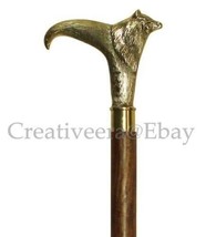 Solid Brass Brown Wooden Walking Cane Stick Wolf Head Handle Antique Style Gift - £25.79 GBP