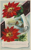 Vintage Postcard Christmas Church in Snow Greetings Poinsettias Gel Card - £6.31 GBP