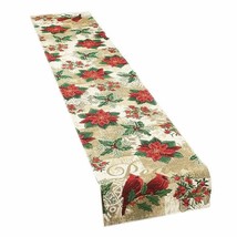 Red Cardinal Tapestr Table Runner Peace Poinsettias Snowflake Holly Berr... - £17.99 GBP