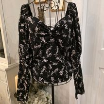ANTHROPOLOGIE Sz L Black Floral Sweetheart Blouse Romantic Feminine Coqu... - $33.66