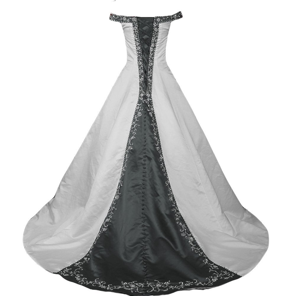 Kivary White and Dark Navy Beaded A Line Embroidery Off Shoulder Bridal Wedding