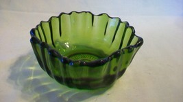Small Round Green Glass Bowl with Ribbed Sides, Scalloped Edges - $40.00