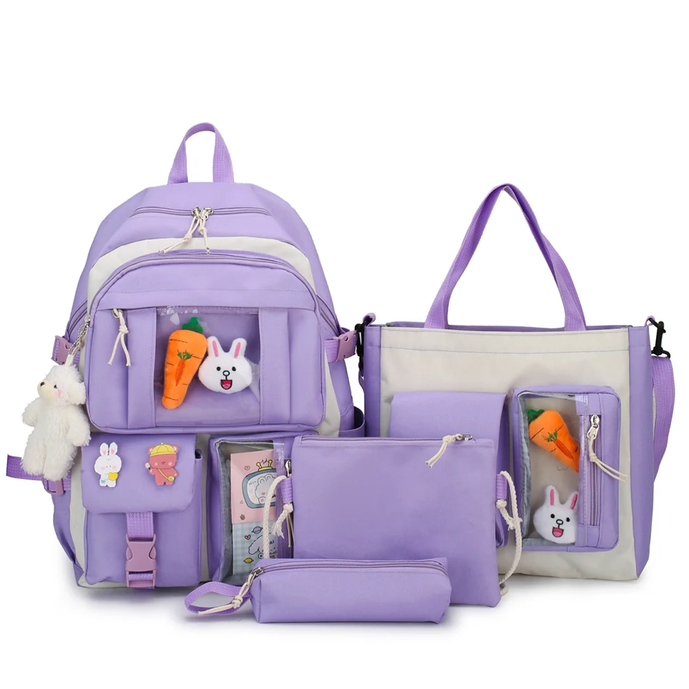 4Pcs Set Backpack Kawaii Teenage Girl Backpack Book Bags High School Bookbags St - £75.14 GBP