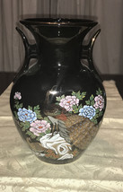 Vintage Black Porcelain Vase W/ Peacock &amp; Flower Design, 2 Handles, Made Japan - £9.02 GBP