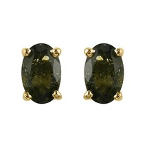 14K Yellow Gold Plated Oval Olive Lab-Created Green Moldavite Stud Earrings - £26.46 GBP