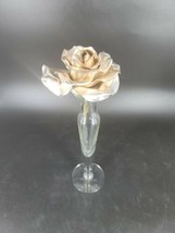 Rose Bud Vase 9 1/4&quot; Clear Glass Hand Blown  Delicate  Metal Rose Vintage  - £11.03 GBP