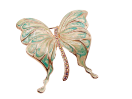 Enamel Swirl Rhinestone Butterfly Brooch Pin Aqua Cream Gold Tone 1.5x2&quot; Vintage - £17.70 GBP