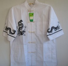 Chinese martial  kung fu unisex man black dragon white shirt button fron... - $19.50