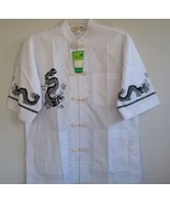 Chinese martial  kung fu unisex man black dragon white shirt button front sz L - $19.50