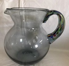 Hand Blown Glass PITCHER Bluish Gray w/ Applied Handle Striped Colors Mexico - £16.07 GBP