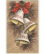 Vintage Christmas Card Bells Glitter Red Bow 1960&#39;s Hallmark Tan Background - $7.91