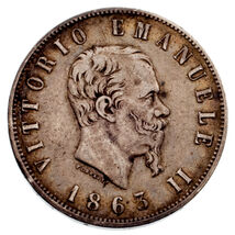 1863 Italy 2 Lire Silver Coin in VF Condition KM #16.1 - $137.23