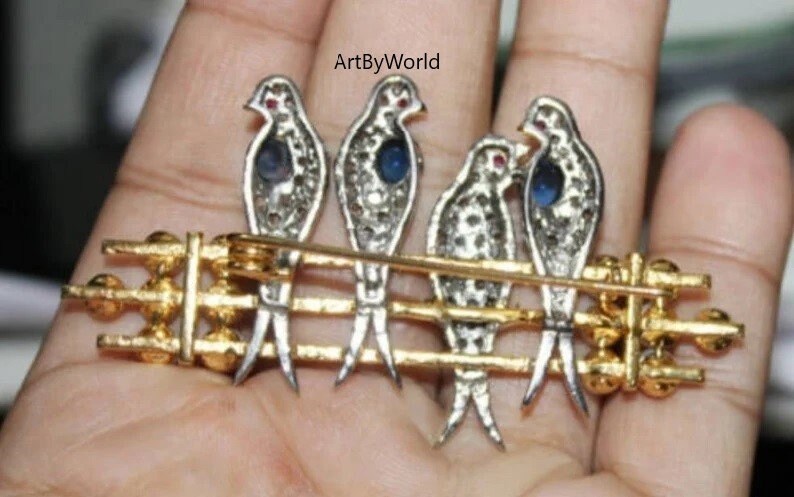 Antique Rose Cut Diamond Pearl Ruby and Blue Sapphire Bird Brooch Item image 6