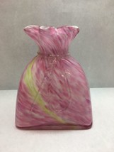 Vintage Murano Glass Pink Green Stripe Bag Design Vase Scalloped Top Edge Clear - £78.94 GBP
