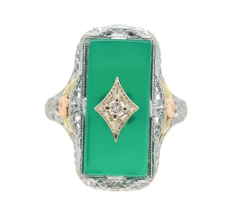 10k Gold Filigree Ring with Genuine Natural Green Onyx and Diamond Accen... - £493.86 GBP
