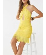 Yellow Reverse Halter Dress Ruched Chiffon Fringe Trim Criss Cross Keyho... - £12.43 GBP