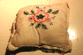 Vintage Handmade Throw Pillow Embroidered Floral Design Lace Edges 9x10 Inch - £24.10 GBP