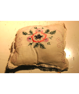 Vintage Handmade Throw Pillow Embroidered Floral Design Lace Edges 9x10 ... - £23.69 GBP