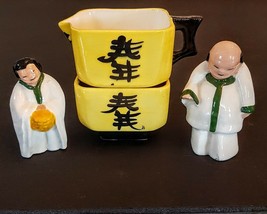 Asian Couple Salt &amp; Pepper Shaker Yellow Kanji Ceramic Sugar Bowl &amp; Crea... - $39.52